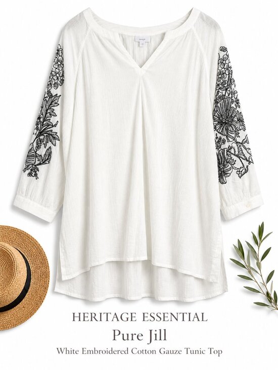 J. Jill Tops - Pure Jill White Embroidered Cotton Gauze Boho Tunic Top L NWOT